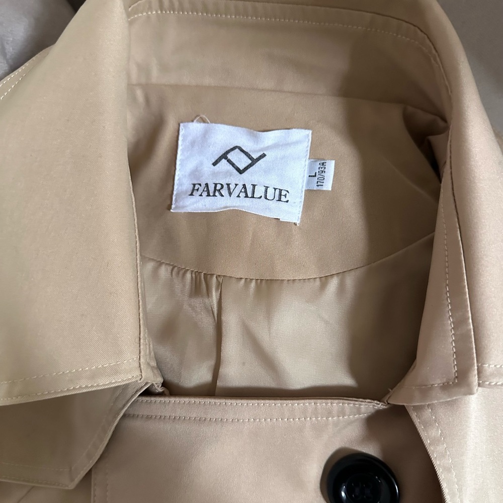 🧥 Farvalue Beige Trenchcoat, large, double breasted, buttons, knee length, belt - Picture 10 of 16